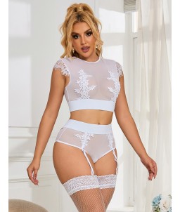 Sextoys, sexshop, loveshop, lingerie sexy : Déshabillés : Ensemble sexy taille haute brodé blanc