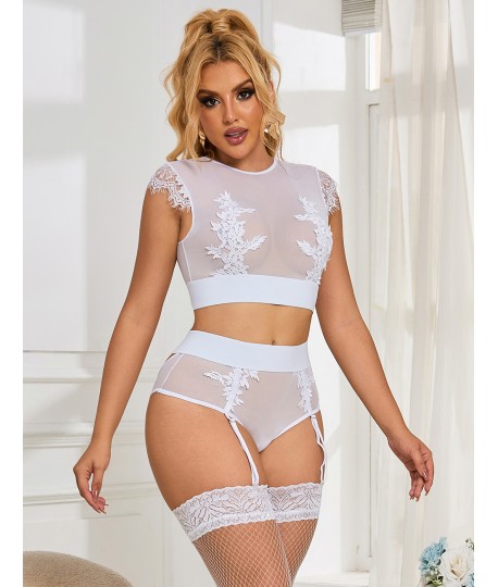 Sextoys, sexshop, loveshop, lingerie sexy : Déshabillés : Ensemble sexy taille haute brodé blanc