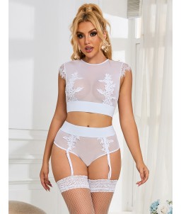Sextoys, sexshop, loveshop, lingerie sexy : Déshabillés : Ensemble sexy taille haute brodé blanc