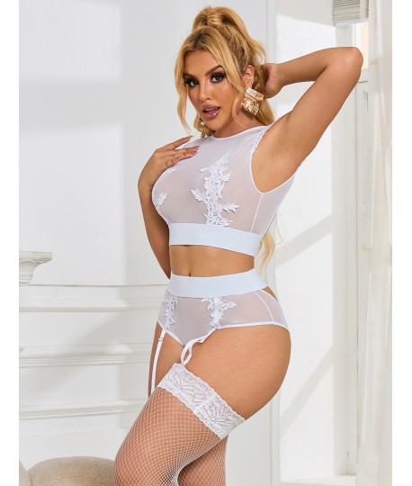 Sextoys, sexshop, loveshop, lingerie sexy : Déshabillés : Ensemble sexy taille haute brodé blanc