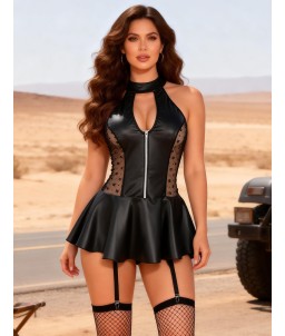Sextoys, sexshop, loveshop, lingerie sexy : LINGERIE STYLE CUIR & VINYLE FEMME : Robe dos ouverte Sexy simili cuir noir