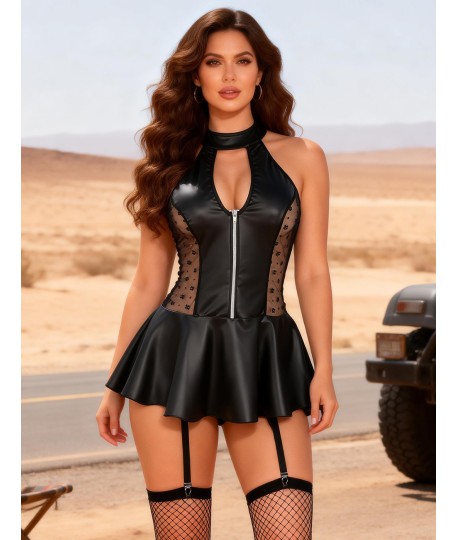 Sextoys, sexshop, loveshop, lingerie sexy : LINGERIE STYLE CUIR & VINYLE FEMME : Robe dos ouverte Sexy simili cuir noir