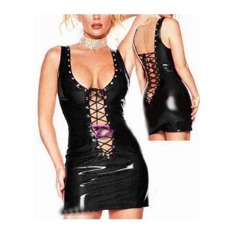 Sextoys, sexshop, loveshop, lingerie sexy : Lingerie Style Cuir & Vinyle Femme : Sexy Robe Style Vinyle Laçage Devant Noir